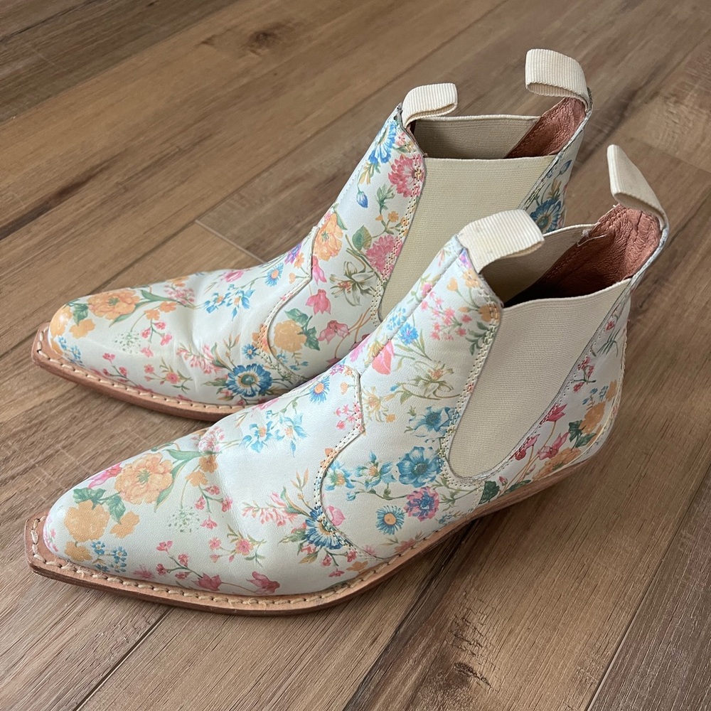 Free People Floral Ankle Boots - Cream and Multicolor